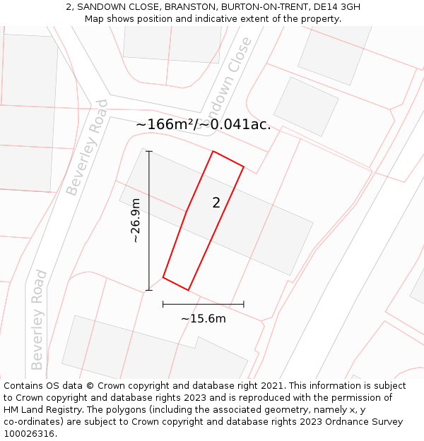 2, SANDOWN CLOSE, BRANSTON, BURTON-ON-TRENT, DE14 3GH: Plot and title map