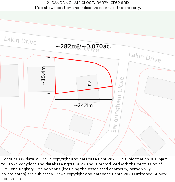 2, SANDRINGHAM CLOSE, BARRY, CF62 8BD: Plot and title map
