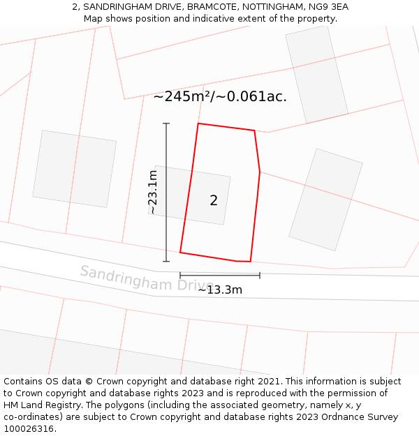 2, SANDRINGHAM DRIVE, BRAMCOTE, NOTTINGHAM, NG9 3EA: Plot and title map