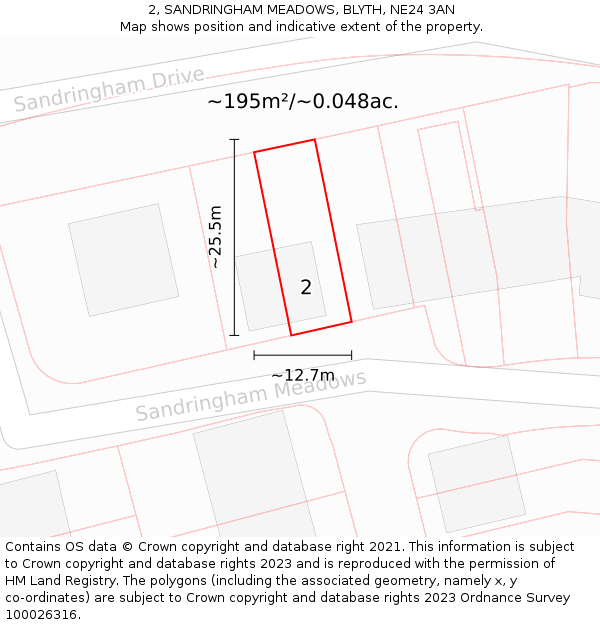 2, SANDRINGHAM MEADOWS, BLYTH, NE24 3AN: Plot and title map