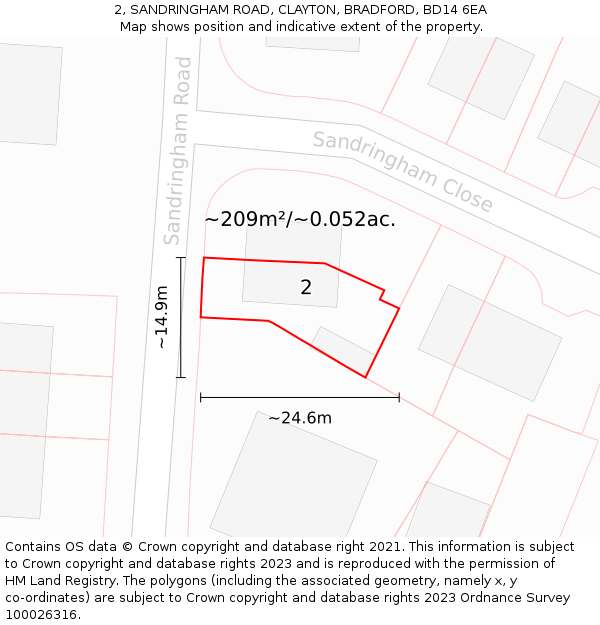 2, SANDRINGHAM ROAD, CLAYTON, BRADFORD, BD14 6EA: Plot and title map