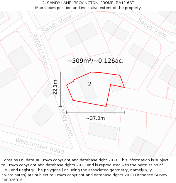 2, SANDY LANE, BECKINGTON, FROME, BA11 6ST: Plot and title map