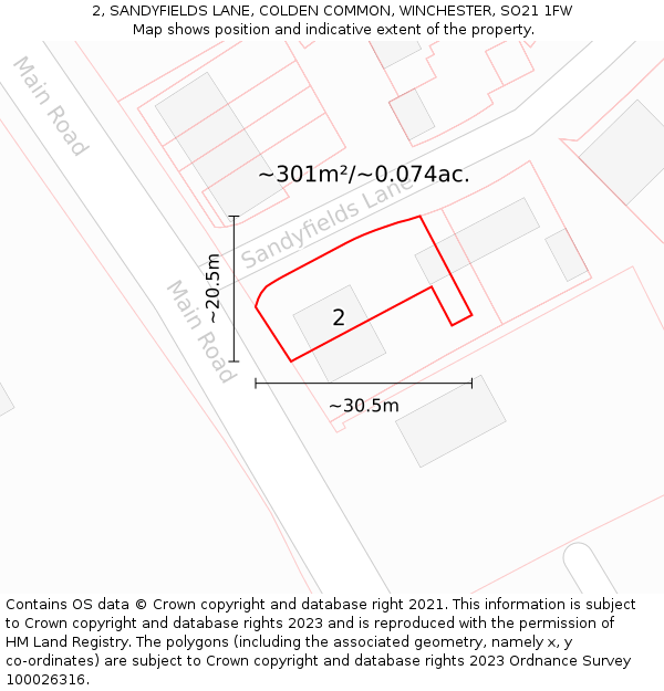 2, SANDYFIELDS LANE, COLDEN COMMON, WINCHESTER, SO21 1FW: Plot and title map