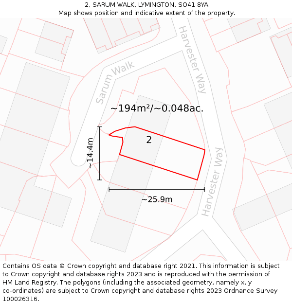 2, SARUM WALK, LYMINGTON, SO41 8YA: Plot and title map