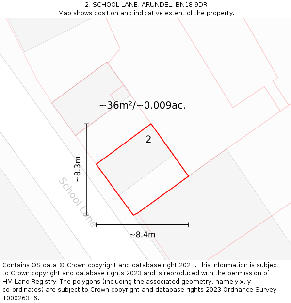 2, SCHOOL LANE, ARUNDEL, BN18 9DR: Plot and title map