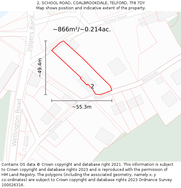 2, SCHOOL ROAD, COALBROOKDALE, TELFORD, TF8 7DY: Plot and title map