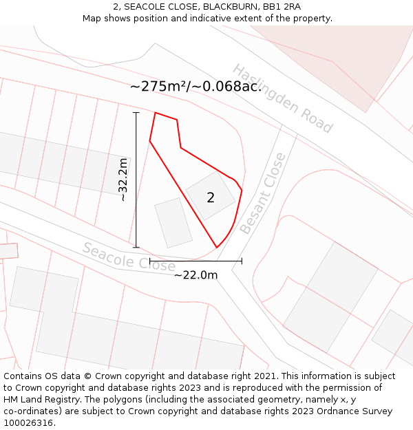 2, SEACOLE CLOSE, BLACKBURN, BB1 2RA: Plot and title map