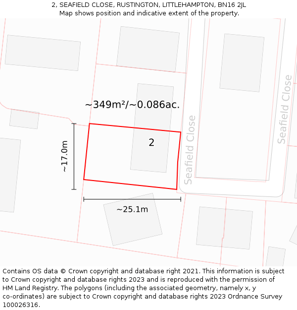 2, SEAFIELD CLOSE, RUSTINGTON, LITTLEHAMPTON, BN16 2JL: Plot and title map