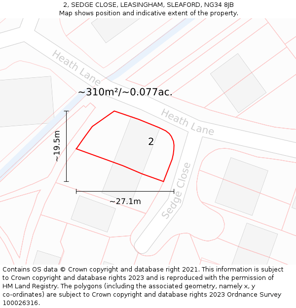 2, SEDGE CLOSE, LEASINGHAM, SLEAFORD, NG34 8JB: Plot and title map