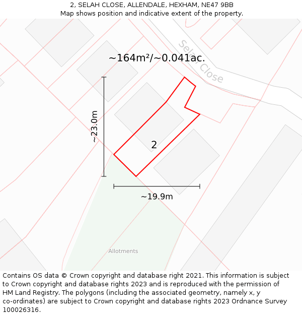 2, SELAH CLOSE, ALLENDALE, HEXHAM, NE47 9BB: Plot and title map