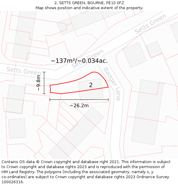 2, SETTS GREEN, BOURNE, PE10 0FZ: Plot and title map