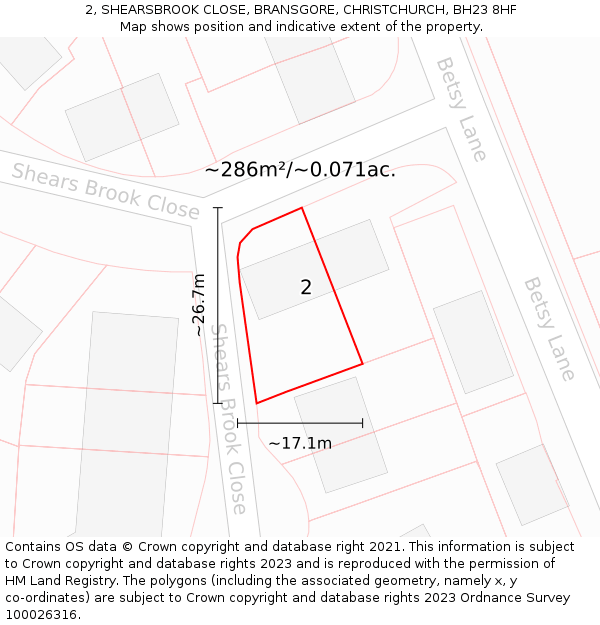 2, SHEARSBROOK CLOSE, BRANSGORE, CHRISTCHURCH, BH23 8HF: Plot and title map