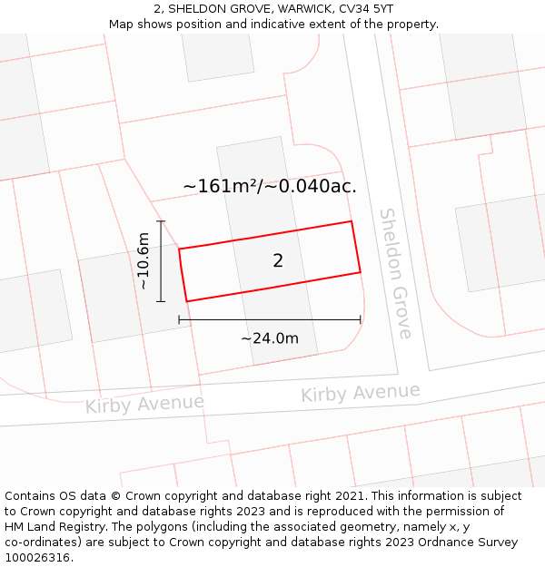 2, SHELDON GROVE, WARWICK, CV34 5YT: Plot and title map
