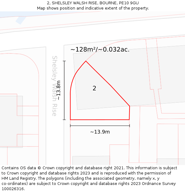 2, SHELSLEY WALSH RISE, BOURNE, PE10 9GU: Plot and title map