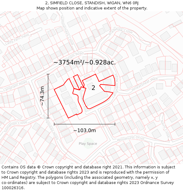 2, SIMFIELD CLOSE, STANDISH, WIGAN, WN6 0RJ: Plot and title map