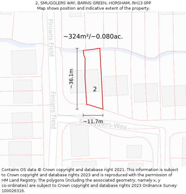 2, SMUGGLERS WAY, BARNS GREEN, HORSHAM, RH13 0PP: Plot and title map