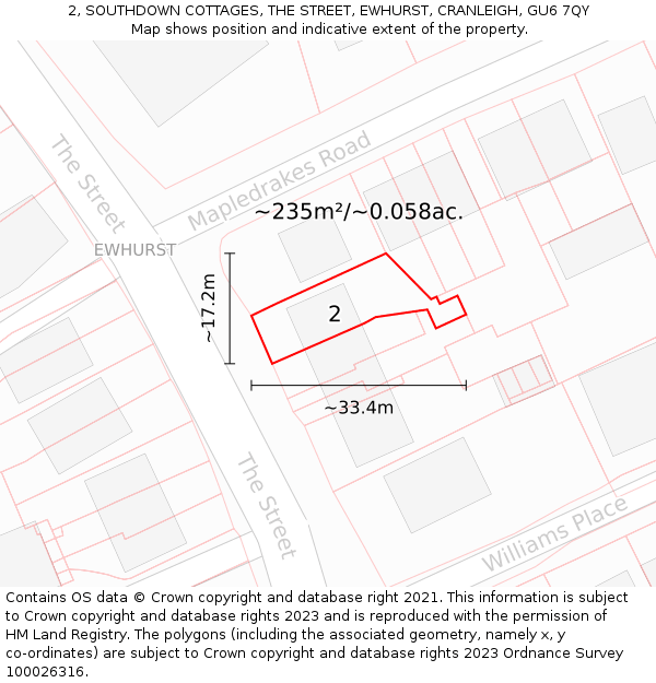 2, SOUTHDOWN COTTAGES, THE STREET, EWHURST, CRANLEIGH, GU6 7QY: Plot and title map