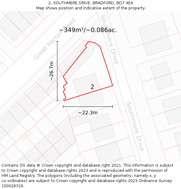2, SOUTHMERE DRIVE, BRADFORD, BD7 4EA: Plot and title map