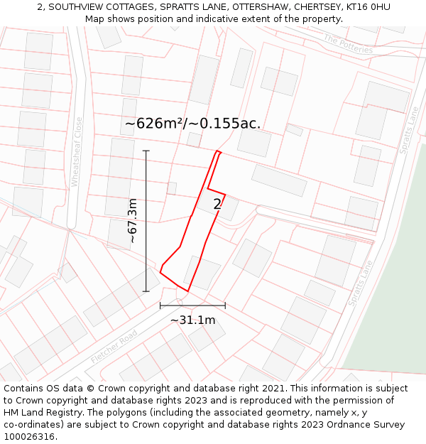 2, SOUTHVIEW COTTAGES, SPRATTS LANE, OTTERSHAW, CHERTSEY, KT16 0HU: Plot and title map