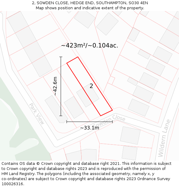2, SOWDEN CLOSE, HEDGE END, SOUTHAMPTON, SO30 4EN: Plot and title map