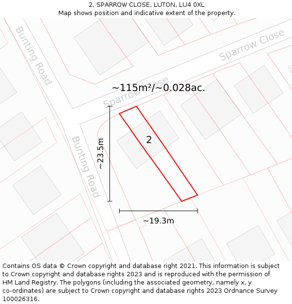 2, SPARROW CLOSE, LUTON, LU4 0XL: Plot and title map