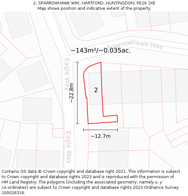 2, SPARROWHAWK WAY, HARTFORD, HUNTINGDON, PE29 1XE: Plot and title map