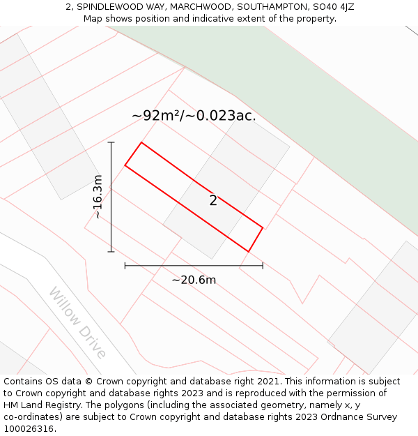 2, SPINDLEWOOD WAY, MARCHWOOD, SOUTHAMPTON, SO40 4JZ: Plot and title map