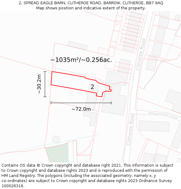 2, SPREAD EAGLE BARN, CLITHEROE ROAD, BARROW, CLITHEROE, BB7 9AQ: Plot and title map