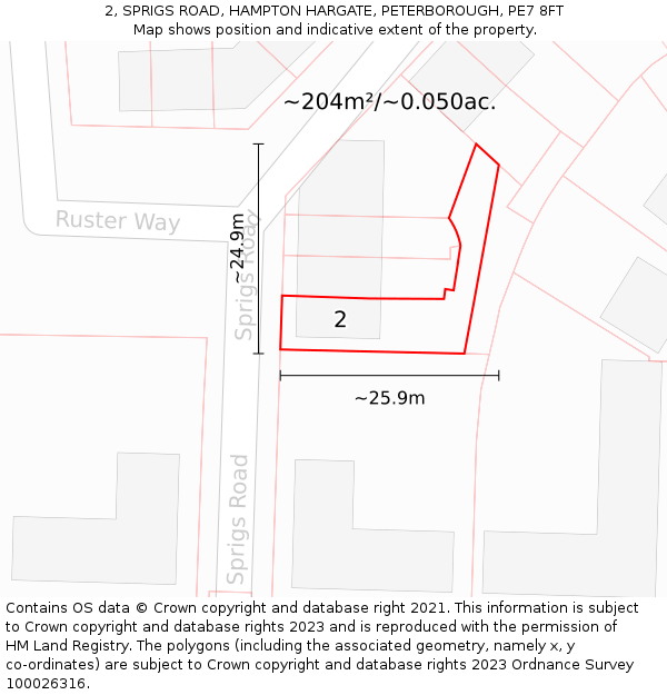 2, SPRIGS ROAD, HAMPTON HARGATE, PETERBOROUGH, PE7 8FT: Plot and title map