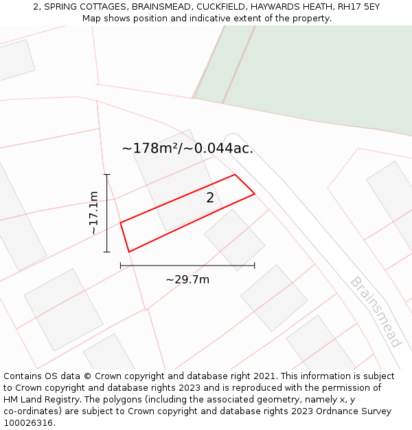 2, SPRING COTTAGES, BRAINSMEAD, CUCKFIELD, HAYWARDS HEATH, RH17 5EY: Plot and title map