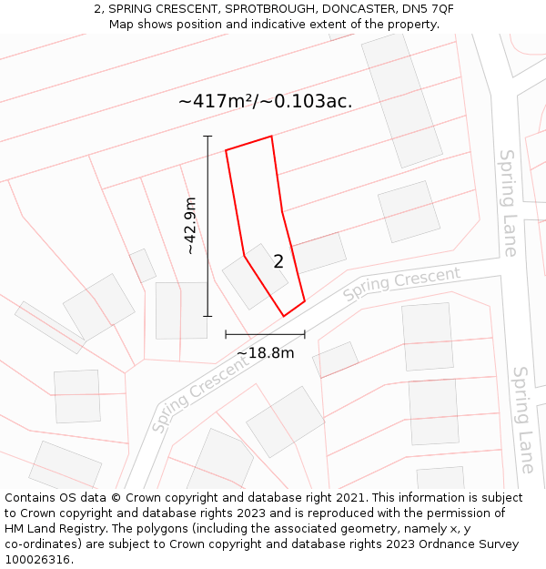 2, SPRING CRESCENT, SPROTBROUGH, DONCASTER, DN5 7QF: Plot and title map
