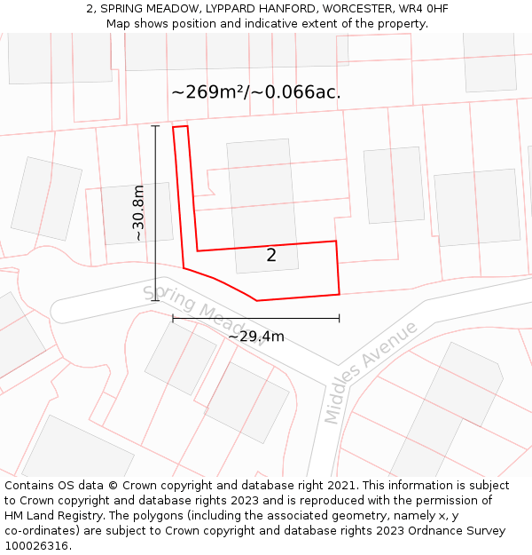 2, SPRING MEADOW, LYPPARD HANFORD, WORCESTER, WR4 0HF: Plot and title map
