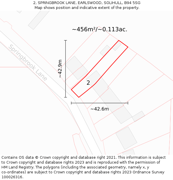 2, SPRINGBROOK LANE, EARLSWOOD, SOLIHULL, B94 5SG: Plot and title map