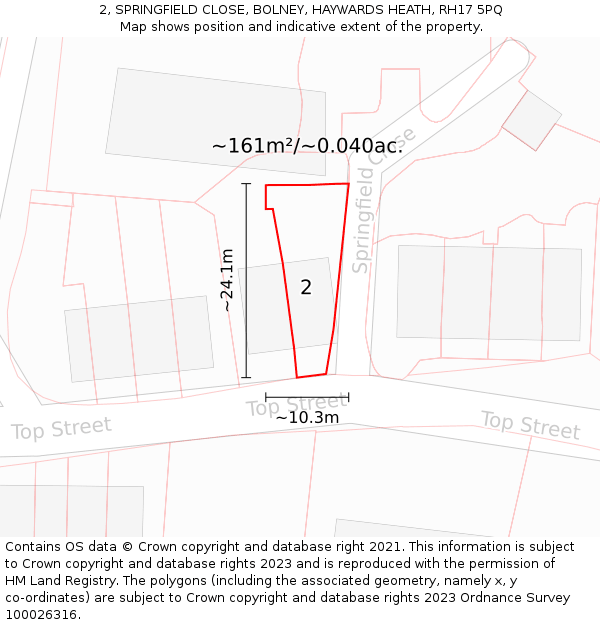 2, SPRINGFIELD CLOSE, BOLNEY, HAYWARDS HEATH, RH17 5PQ: Plot and title map