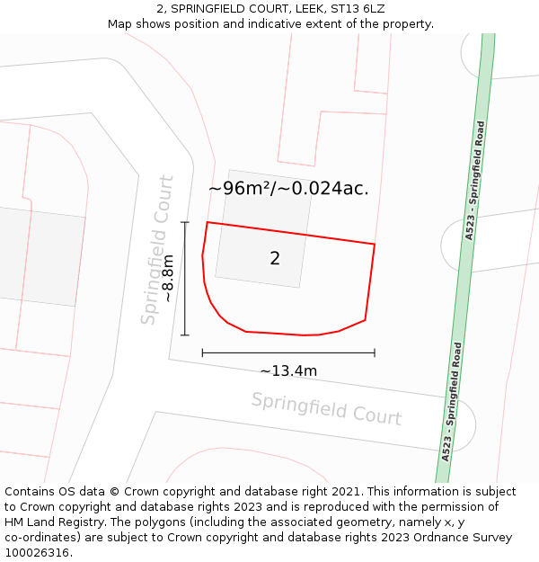2, SPRINGFIELD COURT, LEEK, ST13 6LZ: Plot and title map