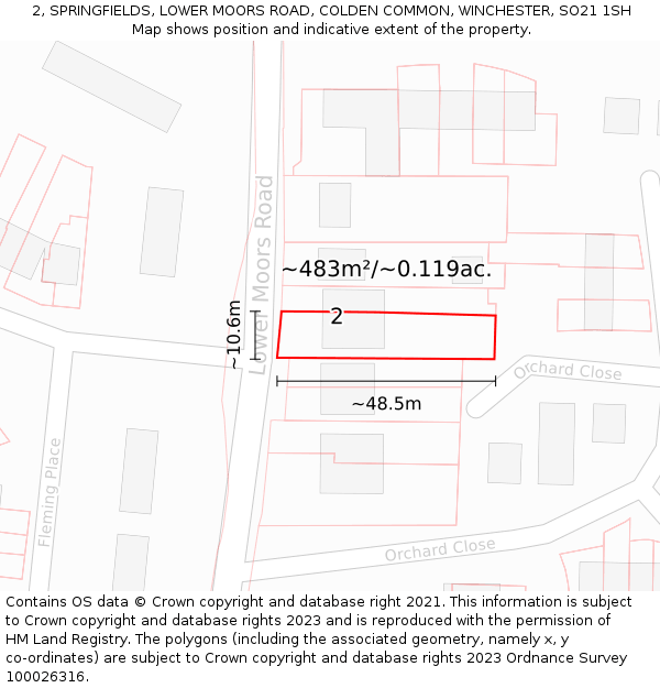 2, SPRINGFIELDS, LOWER MOORS ROAD, COLDEN COMMON, WINCHESTER, SO21 1SH: Plot and title map