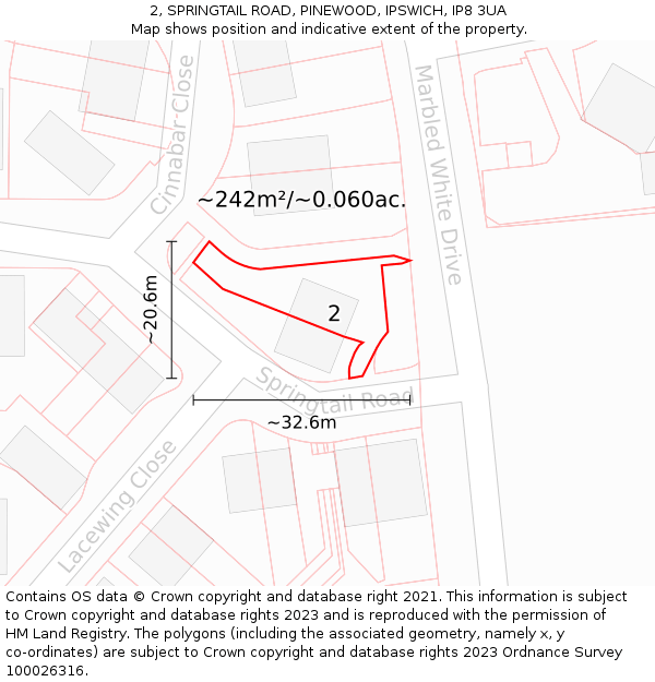 2, SPRINGTAIL ROAD, PINEWOOD, IPSWICH, IP8 3UA: Plot and title map