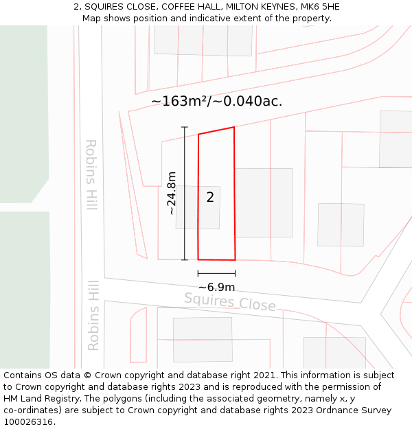 2, SQUIRES CLOSE, COFFEE HALL, MILTON KEYNES, MK6 5HE: Plot and title map