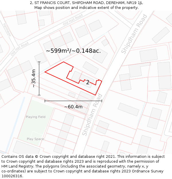 2, ST FRANCIS COURT, SHIPDHAM ROAD, DEREHAM, NR19 1JL: Plot and title map