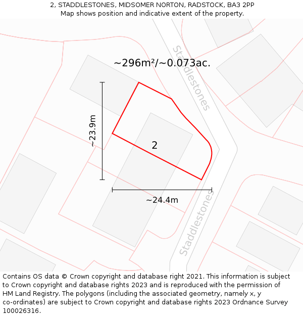 2, STADDLESTONES, MIDSOMER NORTON, RADSTOCK, BA3 2PP: Plot and title map