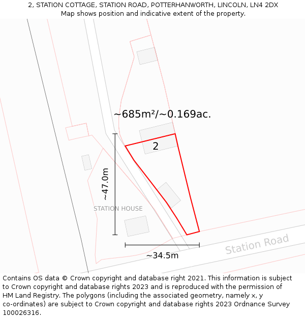 2, STATION COTTAGE, STATION ROAD, POTTERHANWORTH, LINCOLN, LN4 2DX: Plot and title map