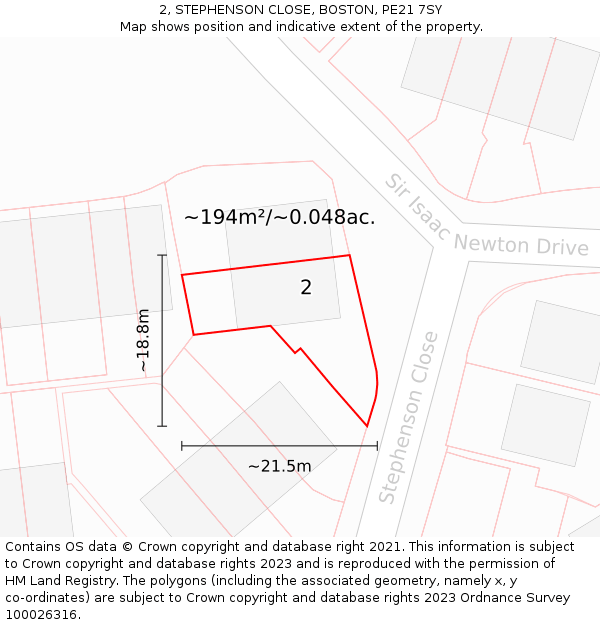 2, STEPHENSON CLOSE, BOSTON, PE21 7SY: Plot and title map