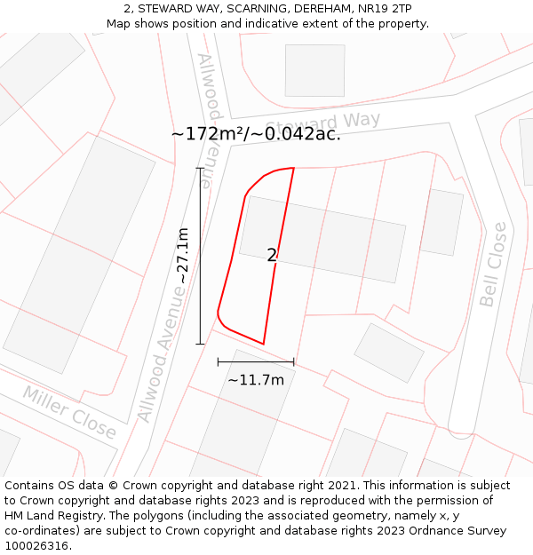 2, STEWARD WAY, SCARNING, DEREHAM, NR19 2TP: Plot and title map