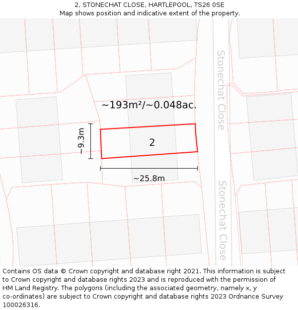 2, STONECHAT CLOSE, HARTLEPOOL, TS26 0SE: Plot and title map