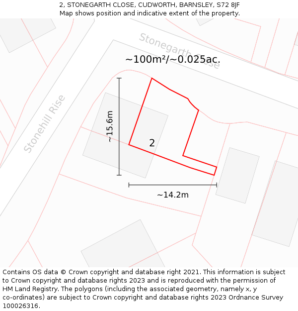 2, STONEGARTH CLOSE, CUDWORTH, BARNSLEY, S72 8JF: Plot and title map