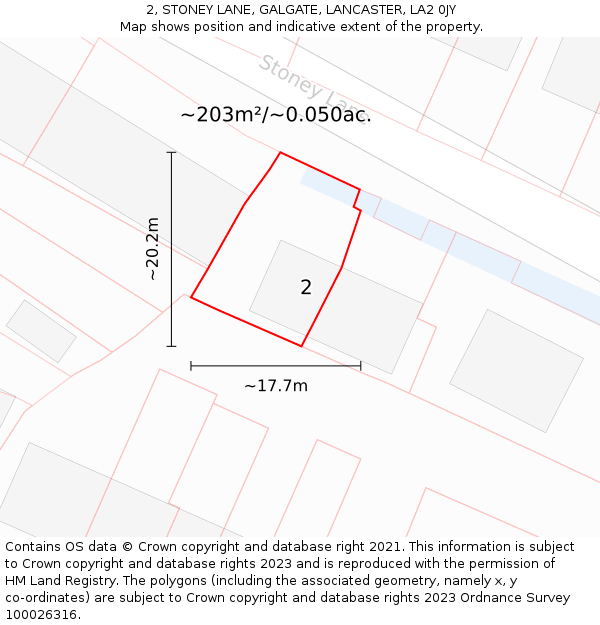2, STONEY LANE, GALGATE, LANCASTER, LA2 0JY: Plot and title map