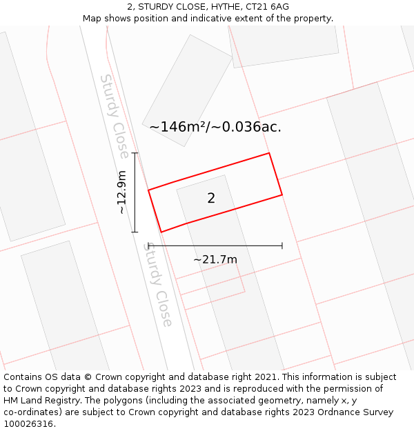 2, STURDY CLOSE, HYTHE, CT21 6AG: Plot and title map
