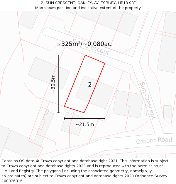 2, SUN CRESCENT, OAKLEY, AYLESBURY, HP18 9RF: Plot and title map