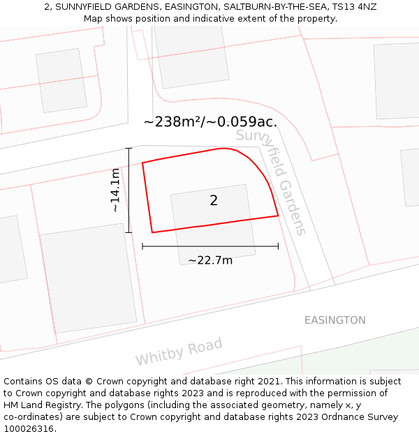 2, SUNNYFIELD GARDENS, EASINGTON, SALTBURN-BY-THE-SEA, TS13 4NZ: Plot and title map