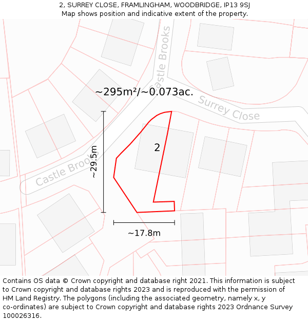 2, SURREY CLOSE, FRAMLINGHAM, WOODBRIDGE, IP13 9SJ: Plot and title map